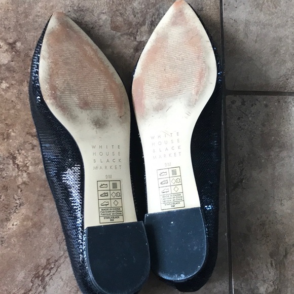 WHBM black shiny sequin flats pointed toe shoes dressy with gold metallic heel - Picture 2 of 7